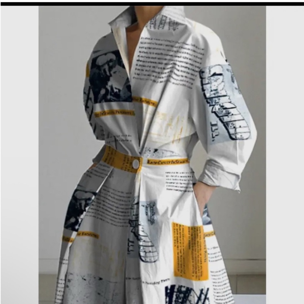 Stylish White, Blue and Yellow Newspaper Print Dress - Picture 2 of 3